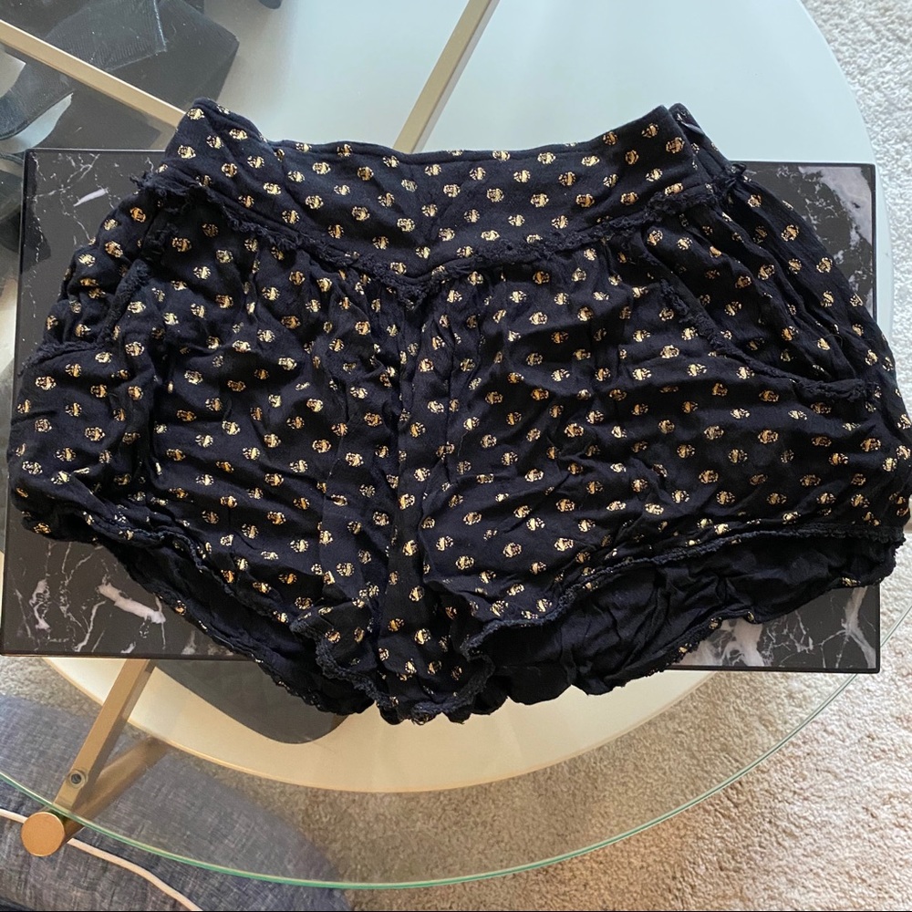 Free People Black Gold Metallic Print Boho Shorts | 0